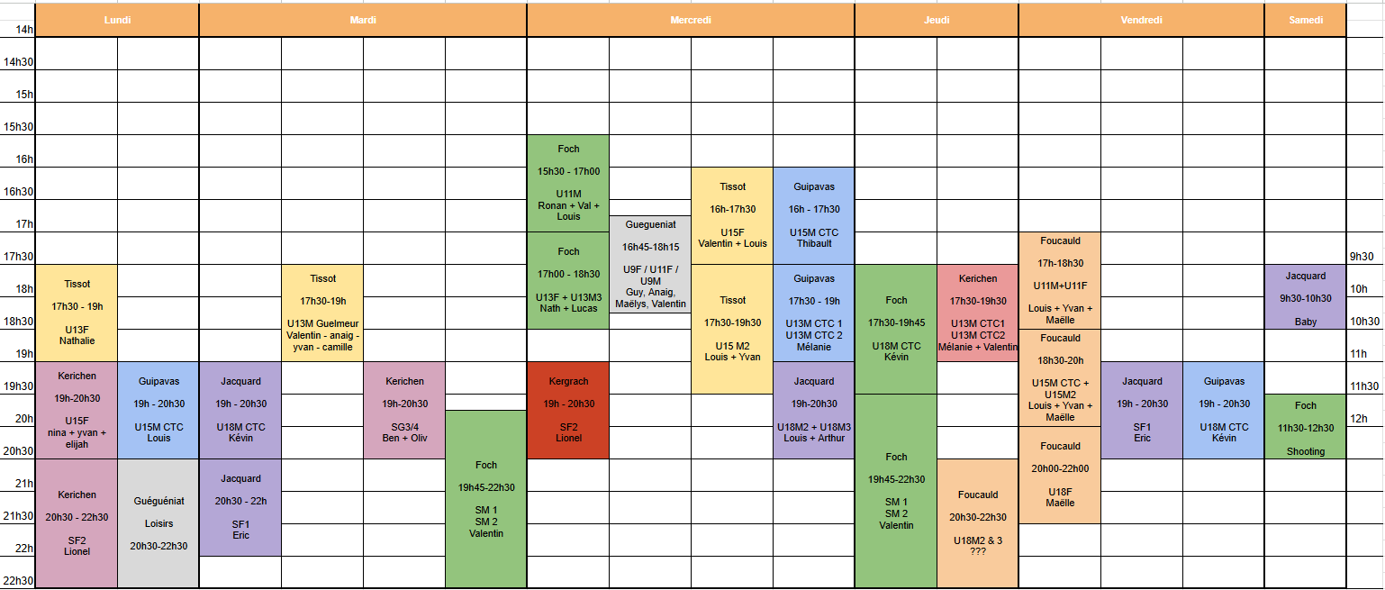 Planning entraînements